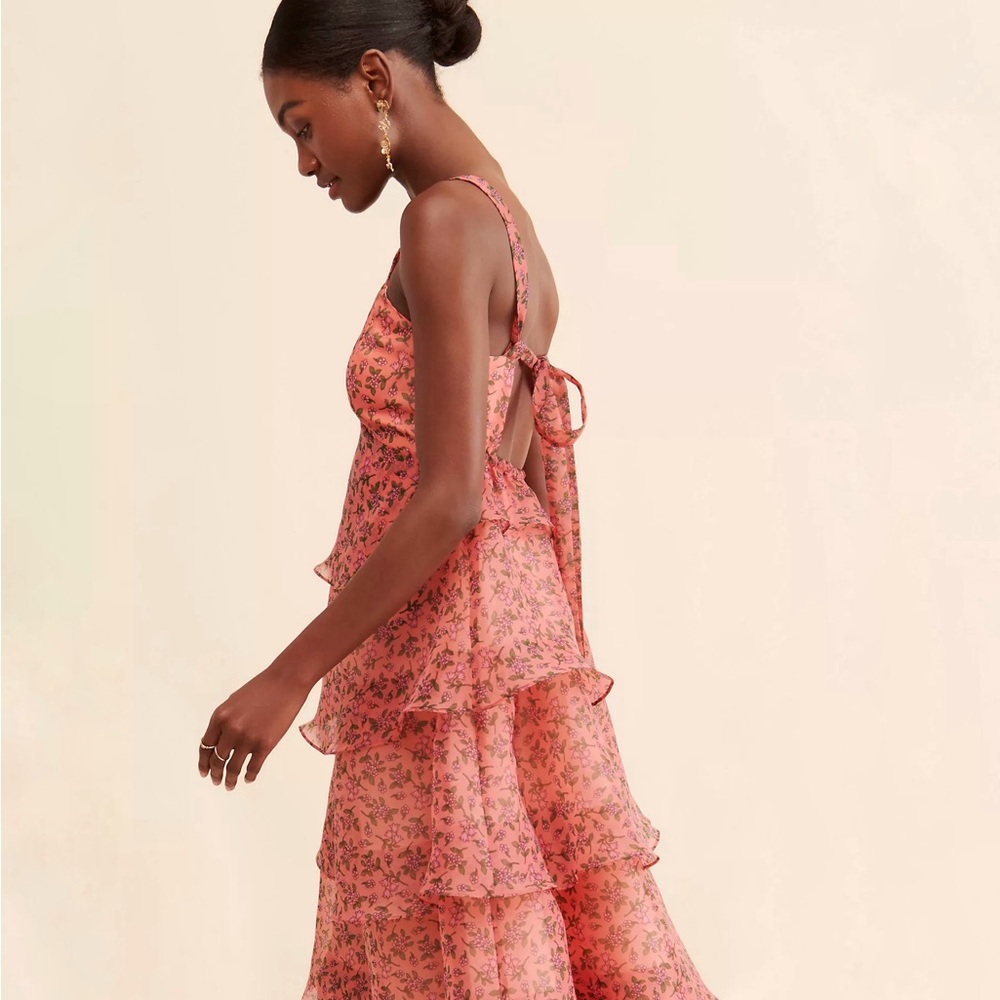 Venus Rising Tired Floral Dress Anthropologie Lost + Wander Pink Midi Backless